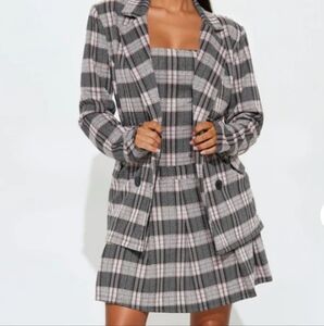 Fashion Nova Strapless Plaid Dress And Blazer Set